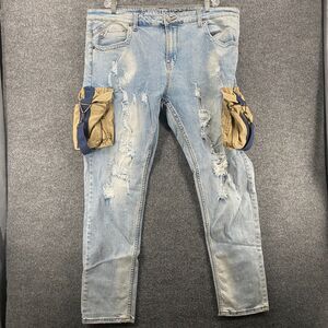 Smugglers Moon Jeans Mens 42x33 Blue Denim Straps Distressed Cargo Hip Hop